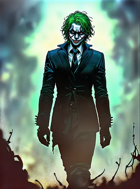 coringa, um perturbador, Chaotic-looking man. His face is painted with a macabre makeup, criando um sorriso sinistro em sua boca. Her messy green hair contrasts with her pale skin. Ele veste um terno roxo desbotado, desalinhado e manchado, reflecting its c...