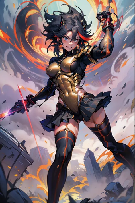 Anime, ryoko matoi,flying through the sky with black angel wings, golden leotard armor, In Battle, Chaos, shooting laser beams from hands, masterpiece ,pantyhose, boots,magicagirl body suit, large skirt, smile, long skirt,standing,smile forest,smile, full ...