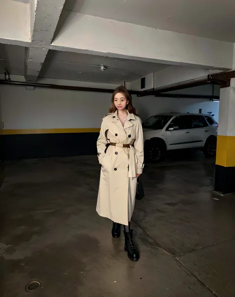 Theres a woman standing in a garage wearing a trench coat, woman is in a trenchcoat, vestindo um casaco longo de trincheira preto, desgaste - estilo preto, usando um Casaco de couro, Casaco, Casaco com muitos bolsos, usando um trenchcoat, vestindo trenchco...