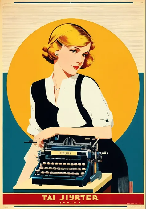 Painting of a woman sitting at a desk with a typewriter, Dicas de Coles Phillips, Directed by: Coles Phillips, inspirado em Coles Phillips, Poster de Shephard Fairey, advertising poster, poster vintage, Cartaz de propaganda dos anos 1940, cartaz de propaga...