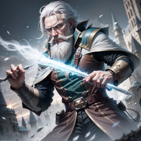 old male mage, grey hair, trimmed beard, ice magic, fight against dragon, hogwarts background, daylight --auto --s2