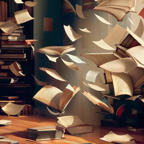 Imagem de uma pilha de livros voando no ar, books flying around, livros voadores, biblioteca empoeirada, books messy about the room, papers and tomes, flowing book pages, fundo da biblioteca, paper awesome wallpaper, papel de parede de alta qualidade, Fund...