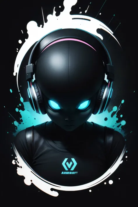 ready to print tshirt  , alien using Sennheiser dj HD 820 headphone , black background, volumetric lighting, vector style, kind a rounded logo , artistic rounded multi liquid gel colors, splash effect