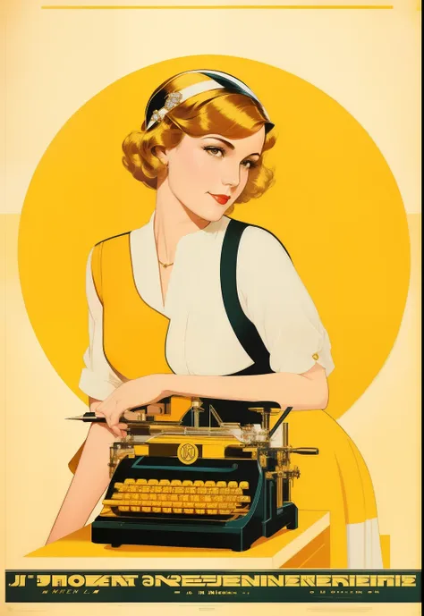 There is a woman sitting on a writing machine with a yellow background, inspirado em Coles Phillips, Nelson Kenton, beautiful retro art, Poster de Shephard Fairey, DiCas de Coles Phillips, J C LeyendeCker 8 K, j. C. LeyendeCker 8 K, retro poster, Directed ...