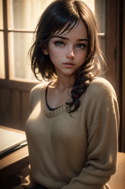 (masterpiece, photorealistic, raw,:1.4), (extremely intricate:1.2), close up, cinematic light, sidelighting, ultra high res, best shadow, RAW, upper body, young girl, wearing pullover,