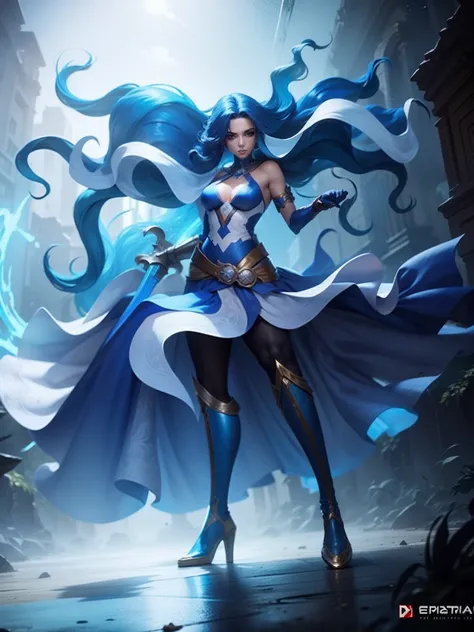 mulher bonita com cabelo azul, estilo heroina de video game