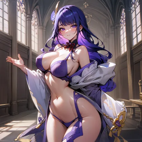 Raiden shogun, perfect body, closed mouth, big tits, Hairpin ei, in the church, sexy lingerie, full body