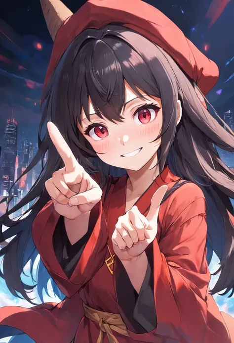 (best quality), detailed,1girl, solo,looking at viewer,simple background, upper body, close-up, peace sign standing ,smile ,detailed eyes , detailed face, adorable face , cute, megumin, witch hat, red mage robe, elbow hand out of frame,