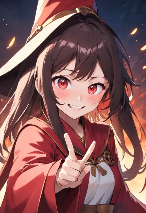 (best quality), detailed,1girl, solo,looking at viewer,simple background, upper body, close-up, peace sign standing ,smile ,detailed eyes , detailed face, adorable face , cute, megumin, witch hat, red mage robe, elbow hand out of frame,