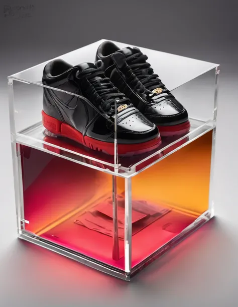 A closeup of a transparent acrylic box with an All Black sneaker inside, cube-shaped acrylic box, Translucent cube, vidro transparente, High Polygon, forma de bloco, cristal transparente, vidro transparente, Tesseract, vidro transparente, Objeto 3D, foto r...