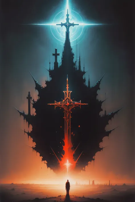 christian cross , in beksinski art style, ortodox ikon