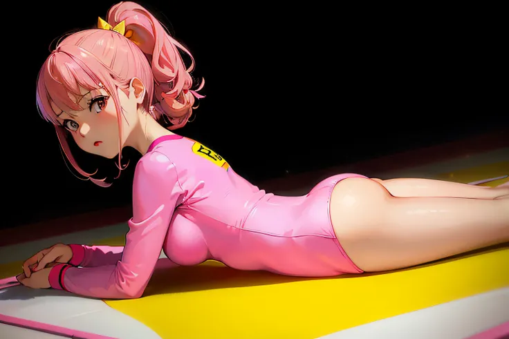 There is a woman in a pink leotard lying on a gymnastics mat, an anime girl, photorealistic anime girl render, Trending on CGSTATION, Smooth Anime CG Art, bubblegum body, rendered in sfm, Cute anime girl rendering, Seductive Anime Girl, ilya kuvshinov and ...