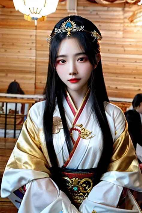 A woman with long hair wearing a golden headdress and a black blouse，A beautiful fantasy queen，（A beautiful fantasy queen）），palaces，a girl in hanfu，China Princess，inspired by Xie Sun，inspired by Huang Ji，xianxia fantasy，Chinese style，ChineseGirl，Ancient Ch...