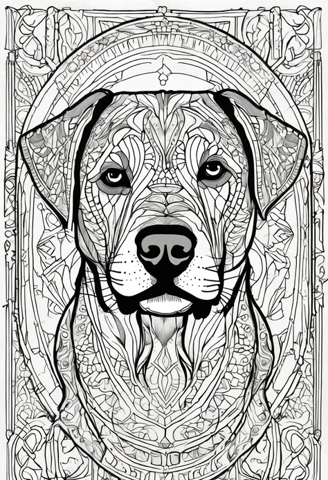 coloring page for adults, bold lines, dark lines, mandala body, puppy body, labrador retriever mandala dog face, mandala face, symmetrical, background, clean line art, fine line art, resolution 512x 768