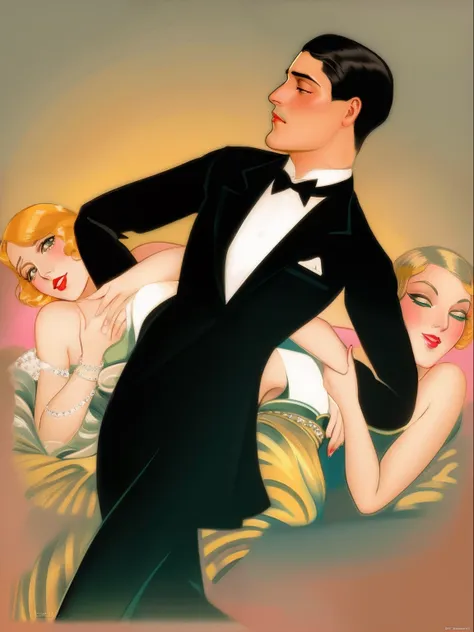 there's a man in a tuxedo and a woman in a dress, enoque bolles, otto schmidt, art deco illustration, estilo leyendecker, art de...