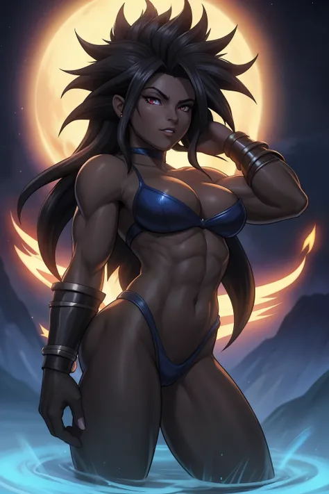 Uma mulher  Moreno, uma mulher bissexual, seios, usar   um close up de uma mulher com tinta azul no corpo, Djinn human hybrid, epic 3 d oshun, Tiefling Azul, asian female water elemental, Djinn Azul, arteProduza uma imagem de estilo anime que celebra o amo...