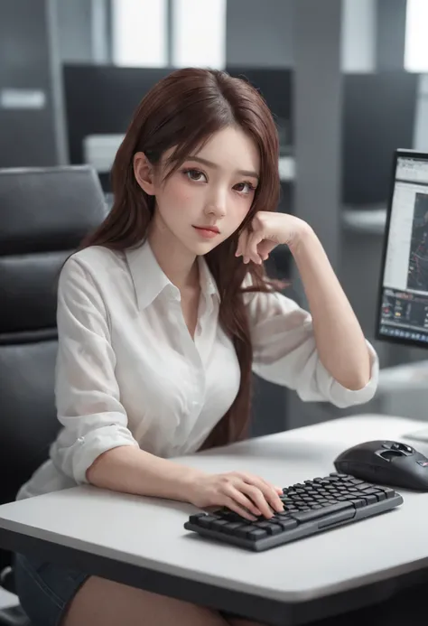 There was a woman sitting in front of a computer desk.，Look at your computer，View Down，View Down，Press and hold the keyboard, realistic art style, digital anime illustration, Realistic anime art, photorealistic art style, digital anime art, Realistic 3D an...