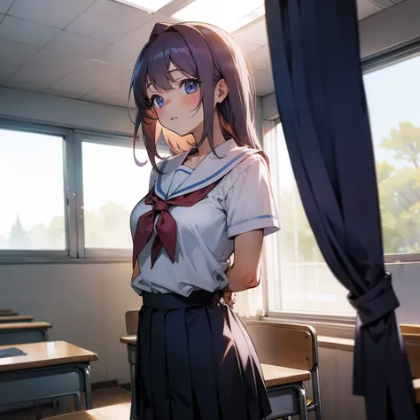 kuudere girl in school uniform in a classroom