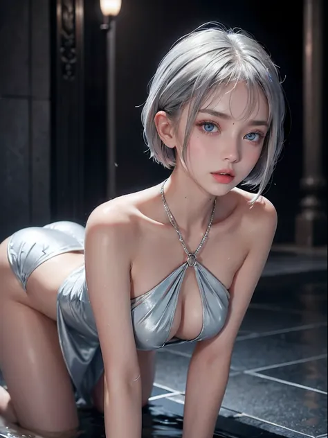 Platinum Color Asymmetrical Shorthair. Very young and beautiful 18 year old girl in silver halter neck dress with dainty decoration、all-fours、Eyes are blue、Wet hair、Wet skin、sodden、