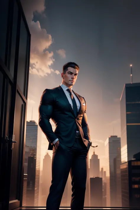 Muscular man half businessman half bodybuilder standing on the right side dark background with some lights and further down a modern city