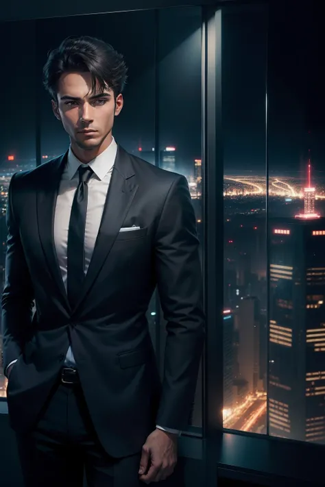 Well-structured businessman inside a dark glass room and in the background a view of a city at dark night