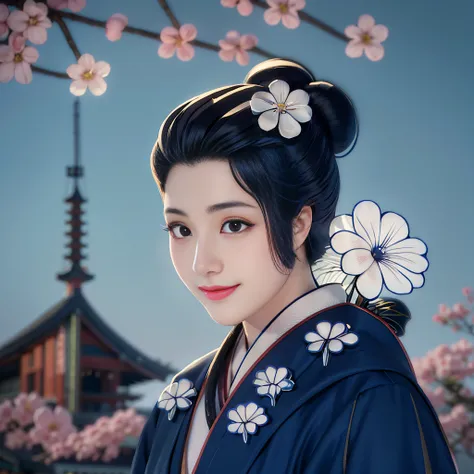 Menina anime com uma flor em seu cabelo e um quimono azul, inspired by Uemura Shōen, inspired by Itō Shinsui, japanese art style, inspirado em Nishikawa Sukenobu, No estilo de arte de Ukiyo - E, mulher japonesa elegante, japanese cartoon style, shinsui ito...