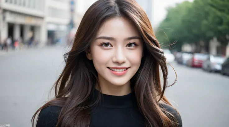 ((Best quality, 8k, Masterpiece :1.3)), 1girl, smiling, full body, slim face, Pretty woman, (Dark brown hair), full length dress :1.1, Ultra-detailed face, Detailed eyes, Double eyelid, blur background, slim face, city, outside, street,