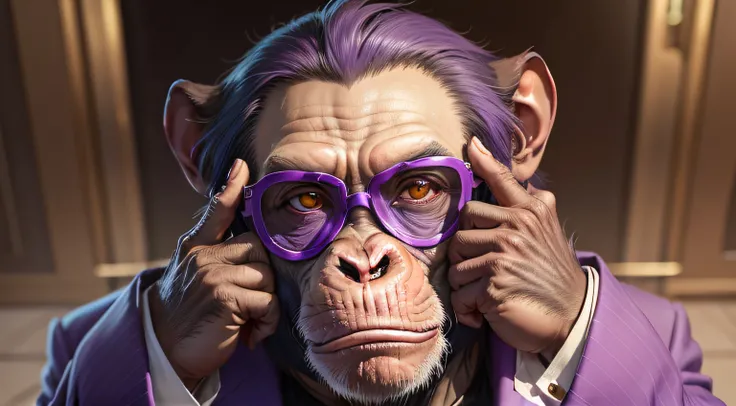 Chimpanzee with a very frightened expression, bringing his hands to his mouth and wearing a purple suit and purple sunglasses