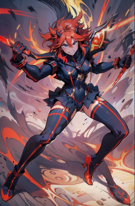 Anime, ryoko matoi,flying through the sky with black angel wings, golden leotard armor, In Battle, Chaos, shooting laser beams from hands, masterpiece ,pantyhose, boots,magicagirl body suit, large skirt, smile, long skirt,standing,smile forest,smile