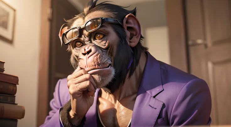 Chimpanzee with a very astonished expression, bringing his hands to his mouth and wearing a purple suit and purple sunglasses