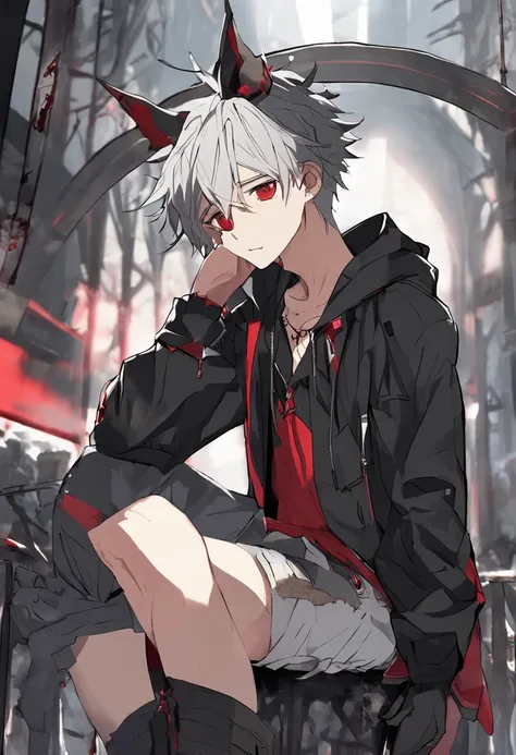 shy anime boy, vampire, grey hair, red eyes, short, kind face, visible fangs, pointed ears, black shorts, lace up boots