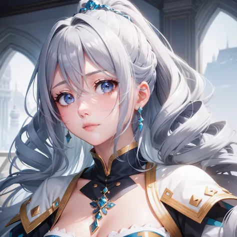 Girl, gray wavy hair with blue strands, gathered in a high ponytail, gray eyes, royal attire, fur jewelry, calm look, white clothes, goddes of ice