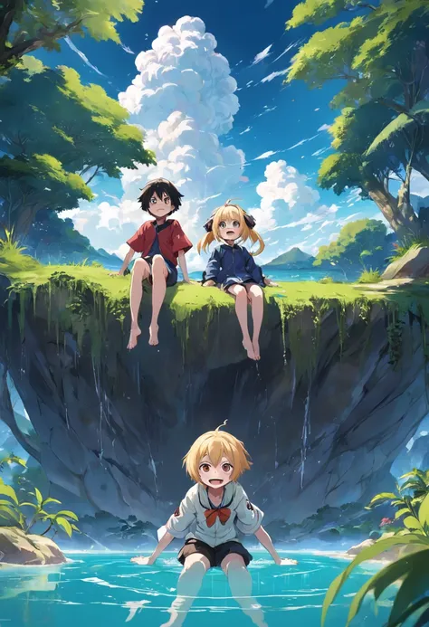 A hilarious and absurd scene of a tropical sinkhole, where a headless anime girl’s head floats in the air, grinning cheekily at two stunned anime boys who are sitting on the edge of the water. One of them has a stylish jacket and the other has nerdy glasse...