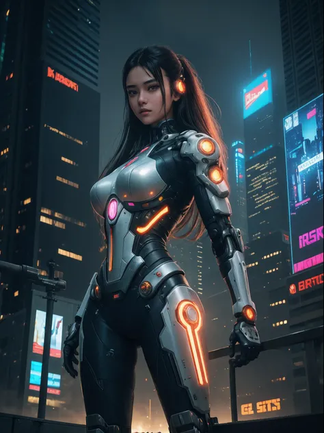 1girl, a beautiful girl cyborg cyberpunk with a futuristic city tall buildings, white and orange machine color combination, the body full of robot machine, have a hologram sytem, asian skin tone, machine merge with him, realistic machine, sci fi cityscape,...