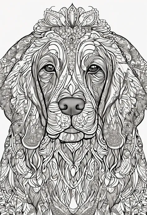 Coloring page for adults, linhas em negrito, linhas escuras, corpo de mandala, corpo de cachorrinho, cara de cachorro mandala Golden Retriever , cara de mandala, symmetr, fundo, arte de linha limpa, arte de linha fina, 512x 768 resolution