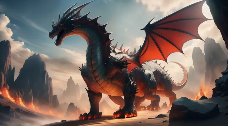 there is a dragon that is standing in the middle of a desert, epic dragon, giant dragon flying in the sky, colossal dragon as background, big red dragon flying above them, a majestic gothic dragon, giant dragon resting in a cave, dragon art, hyperrealistic...