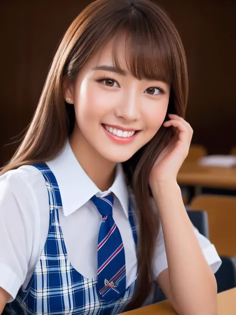 masterpiece, face close up shot, front view, a Japanese young pretty woman, sitting a chair and having a pen with big smile, glamorous figure, wearing a short sleeves white collared shirt with shiny red satin plain bow tie, wearing a blue tartan plaid skir...