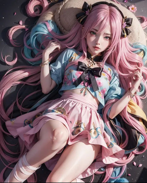 Anime girl with colorful hair and colorful dress、rossdraws pastel vivid、rossdraws cartoon vivid、Anime Style 4k、Beautiful Anime Portrait、Altgermukala、Angle from above the knee、