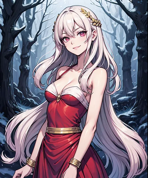 masterpiece, best quality, 1girl, solo, long hair, light hair, wavy hair, platinum hair, hair bangs, petite, (small breasts:0.9), pink eyes, hair between eyes, evil smile, wearing a peplos, ancient greek dress, gold bracelets, arms behind back, head tilt, ...