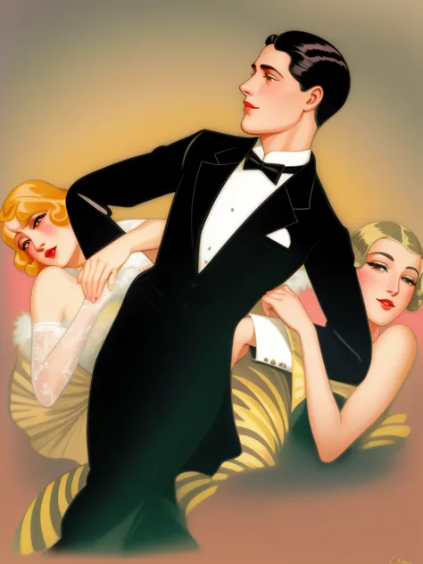 pink background, there's a man in a tuxedo and a woman in a dress, enoque bolles, otto schmidt, art deco illustration, estilo le...