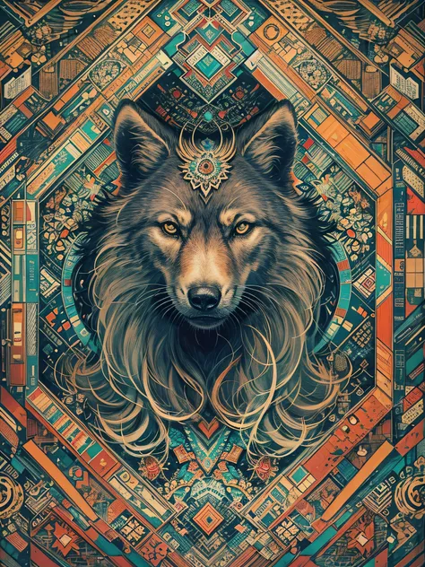 official arts, Unity 8k壁纸, Ultra-detailed, Beautiful and aesthetically pleasing, tmasterpiece, beste-Qualit, (zentangle, a Mandala, clew, meshing), (s fractal art: 1.3), 1 Black Wolf, Extremely detailed, dinamic angle, Cowboy shot, Most Beautiful Form of C...