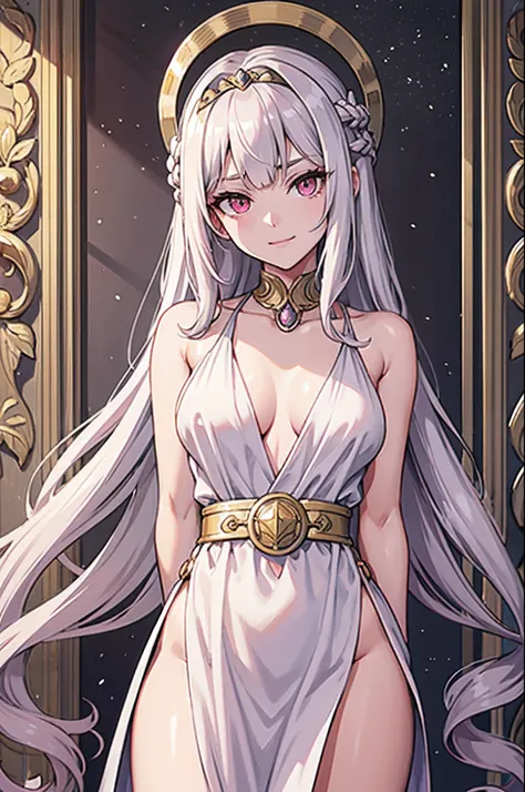 masterpiece, best quality, 1girl, solo, long hair, light hair, wavy hair, platinum hair, hair bangs, petite, (small breasts:0.9), pink eyes, hair between eyes, evil smile, wearing a peplos, ancient greek dress, gold bracelets, arms behind back, head tilt, ...