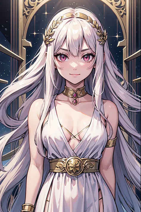 masterpiece, best quality, 1girl, solo, long hair, light hair, wavy hair, platinum hair, hair bangs, petite, (small breasts:0.9), pink eyes, hair between eyes, evil smile, wearing a peplos, ancient greek dress, gold bracelets, arms behind back, head tilt, ...