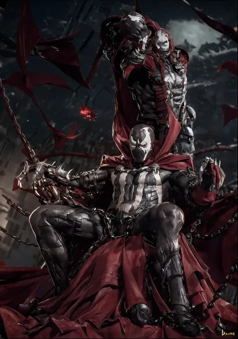 photograph of a demonic hero with a red cape on a throne of human bones, todd mcfarlane, inspirado em ryan stegman, neal adams |...