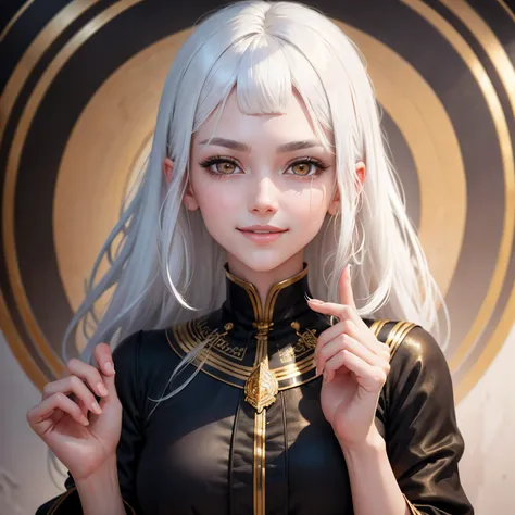 best quality, white hair, gold eyes, looking up, hair strand, Fair skin, smiling, black clothes, upper body, finger to the mouth