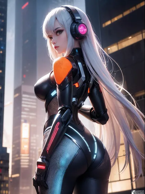 1girl, a beautiful girl cyborg cyberpunk with a futuristic city tall buildings, white and orange machine color combination, the body full of robot machine, have a hologram sytem, asian skin tone, cyber headset machine, machine merge with him, realistic mac...