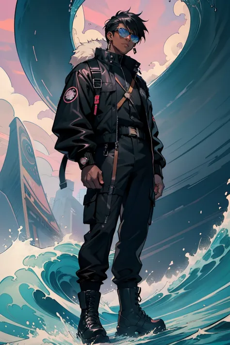 dark skin boy, black eyes, black hair, anime style, 4k image, full body, street wear outfit, cool sun glasses black button up shirt, The Great wave off Kanagawa inspired aviator jacket with fur on the collar, black cargo pants, harness, black combat boots,...