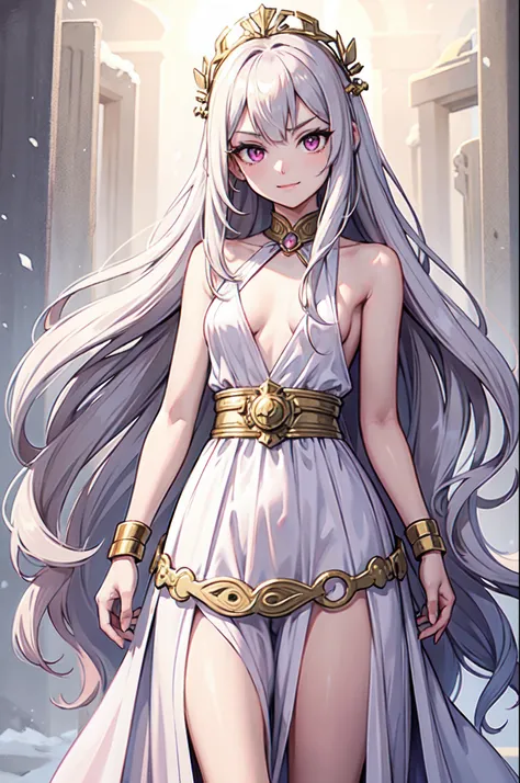 masterpiece, best quality, 1girl, solo, long hair, light hair, wavy hair, platinum hair, hair bangs, petite, (small breasts:1.1), pink eyes, hair between eyes, evil smile, wearing a peplos, ancient greek dress, gold bracelets, arms behind back, head tilt, ...