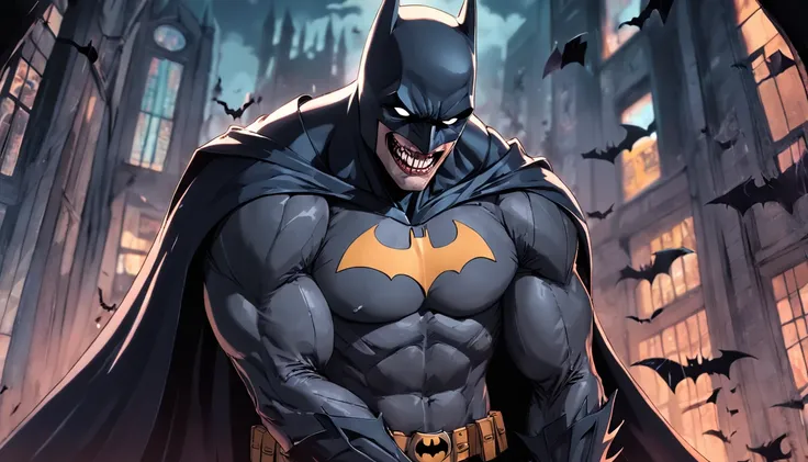 "Demonic-looking macabre Batman inspired by the Batman Laughing comics, fundo macabro e dark"