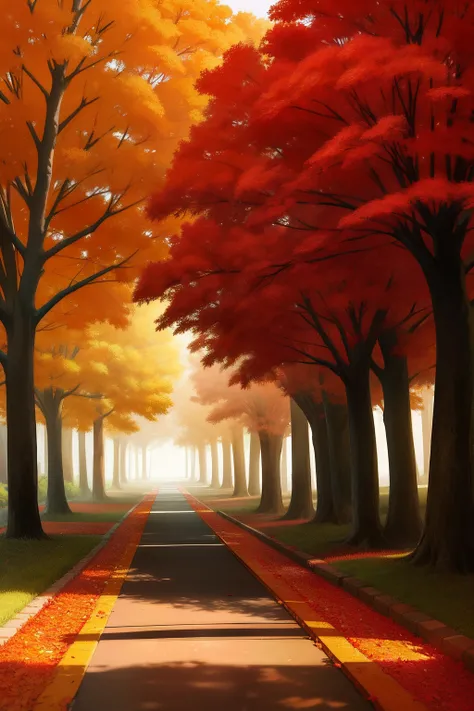 Old residential area，Red brick building，Big banyan tree，Clean the pavement，Fallen leaves，autumnal，in the early morning，Light yellow tone，super-fine，Carefully portrayed，high qulity，8K，Miyazaki animation style